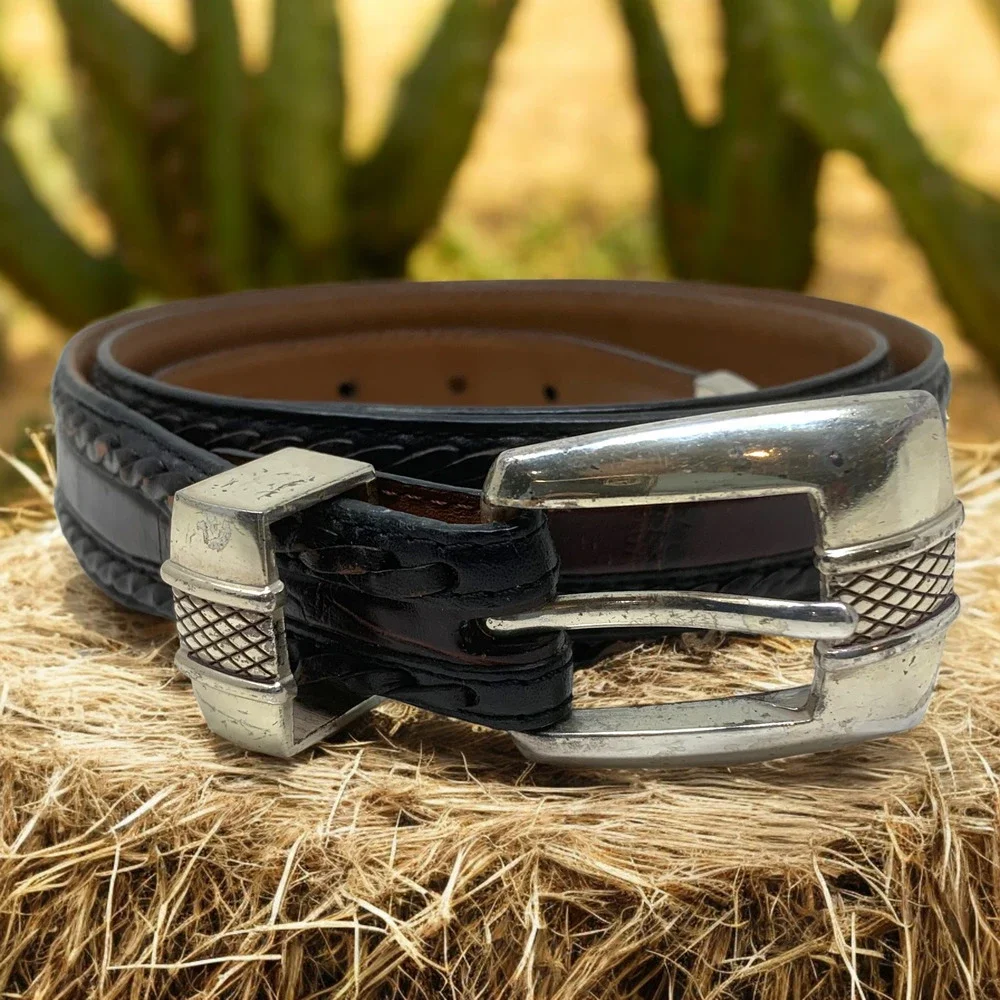 Vintage 1990's Onyx by Brighton Sz 42 2 Tone Black Brown Leather Western Belt